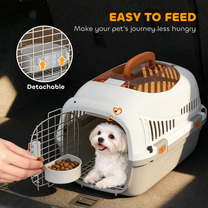 Plastic Pet Carrier Hard Shell Dog Cat Carrier Max 4 KG Steel Door Feed Bowl Secure Lock 49 x 32 x 31 cm