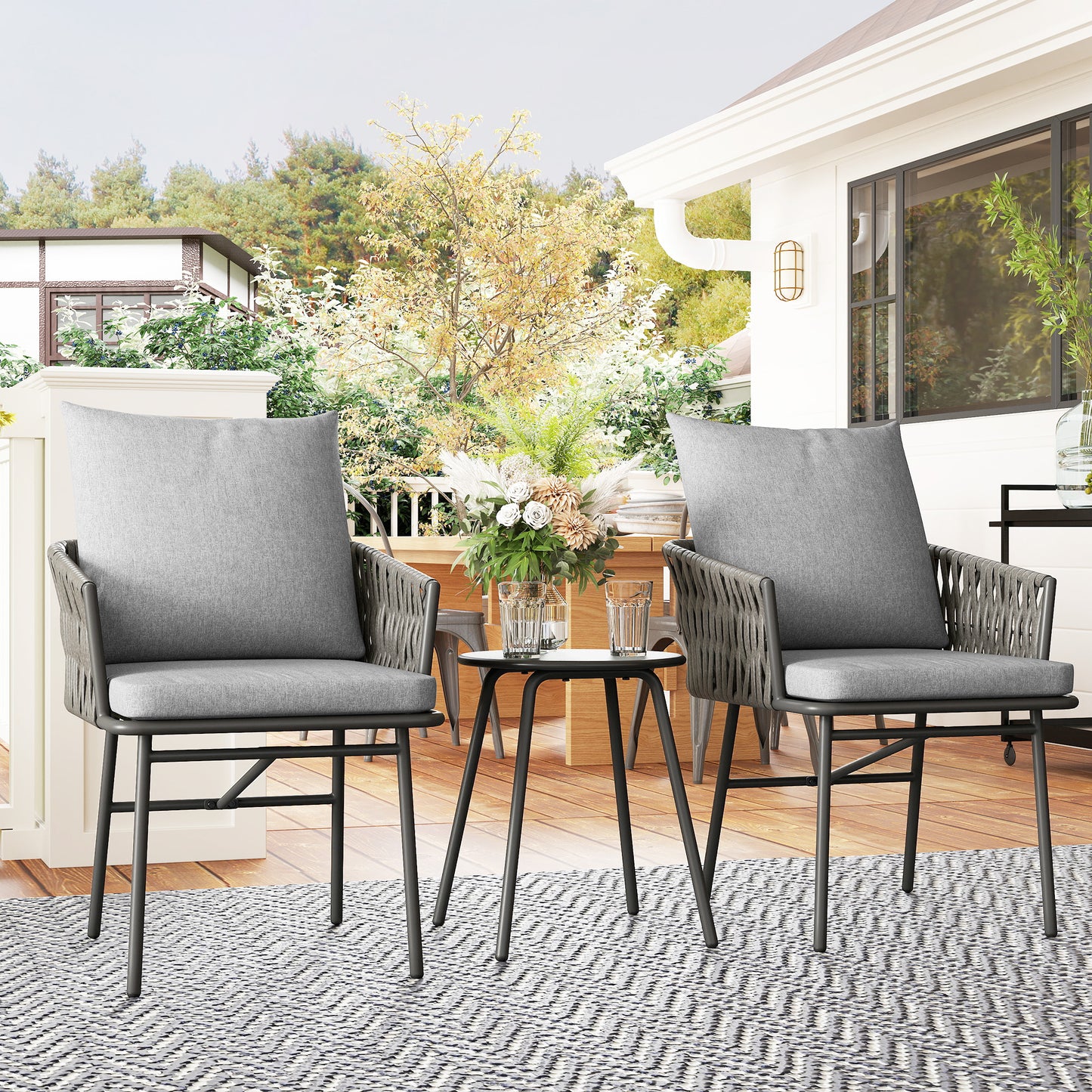 3-Piece Rattan Bistro Set, Garden Table and Chairs with 4 Cushions, Patio Rattan Conversation Furniture Set for Balcony