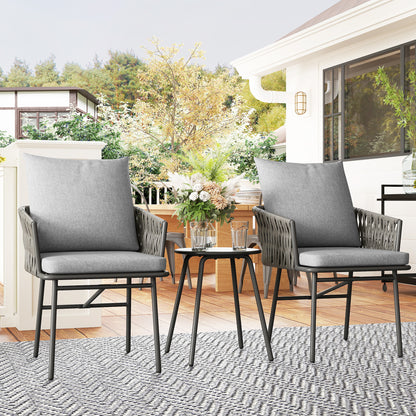 3-Piece Rattan Bistro Set, Garden Table and Chairs with 4 Cushions, Patio Rattan Conversation Furniture Set for Balcony