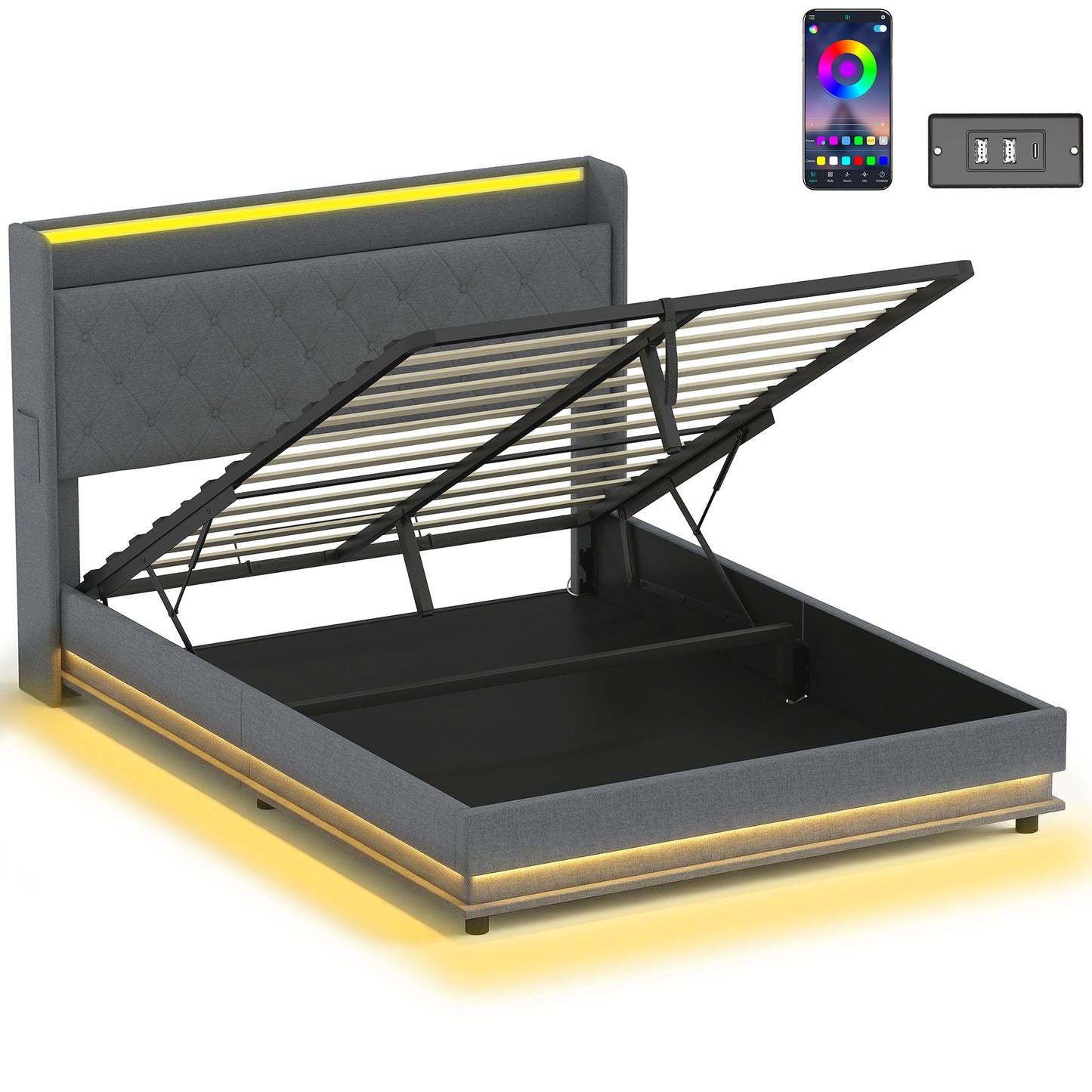 5ft King Bed Frame with Headboard, Platform Bed Frame with Hydraulic Storage, LED Lights and Charging Station, Grey