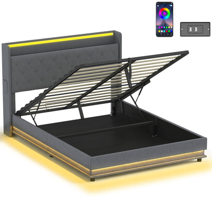 5ft King Bed Frame with Headboard, Platform Bed Frame with Hydraulic Storage, LED Lights and Charging Station, Grey