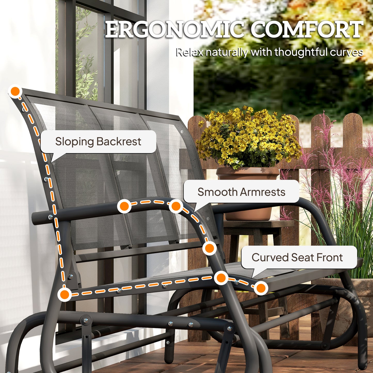 3-Seat Glider Rocking Chair for 3 People Garden Bench Patio Furniture Metal Frame, Grey