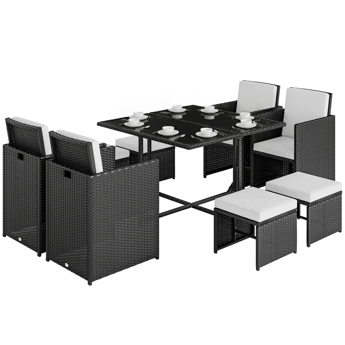 9 Piece Rattan Cube Garden Furniture Dining Set with Armchairs, Footstools and Glass-Top Table, Black