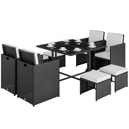 9 Piece Rattan Cube Garden Furniture Dining Set with Armchairs, Footstools and Glass-Top Table, Black