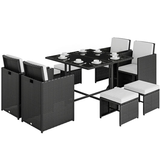9 Piece Rattan Cube Garden Furniture Dining Set with Armchairs, Footstools and Glass-Top Table, Black