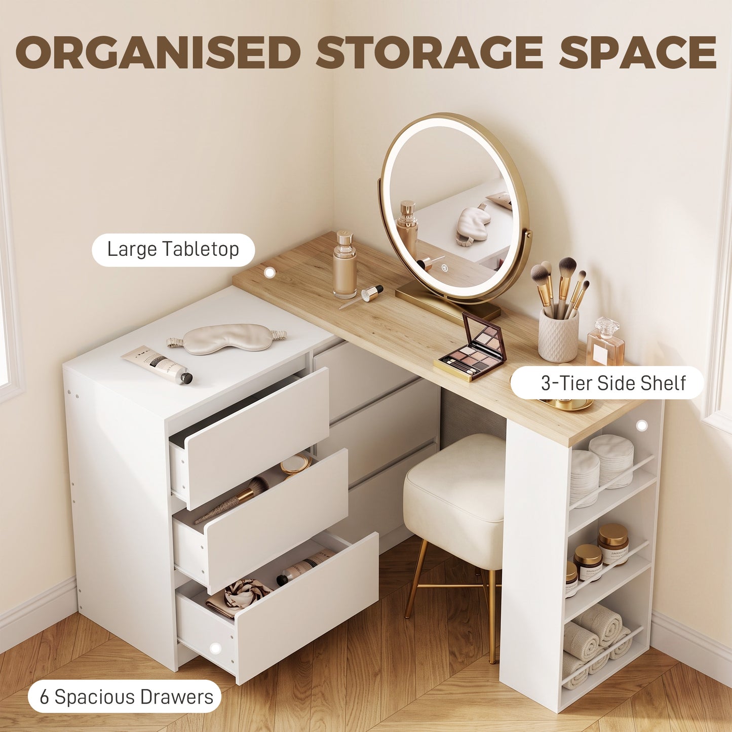 Vanity Table, Dressing Table with 6 Drawers and 3-Tier Shelf for Women and Girls, White