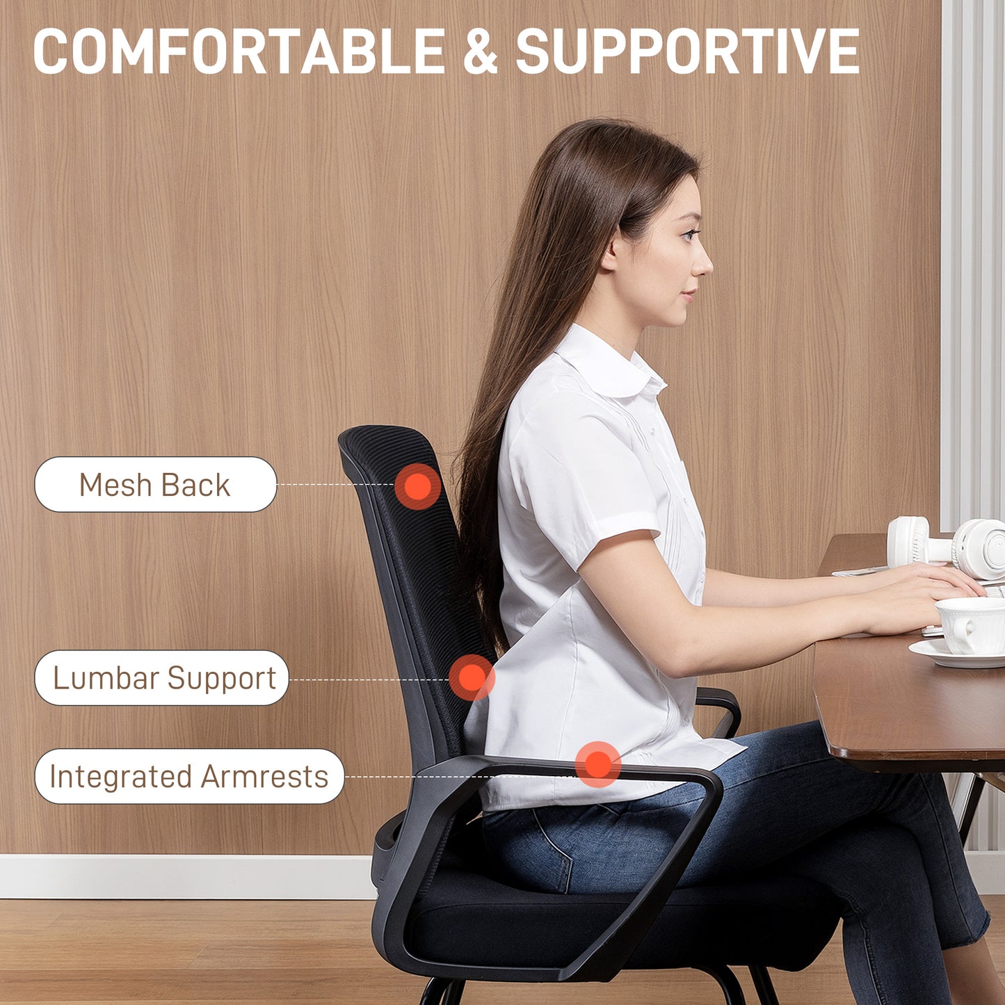 Desk Chair No Wheels, Office Chair with Mesh Back, Lumbar Support, Metal Base for Waiting Room, Conference Room, Black