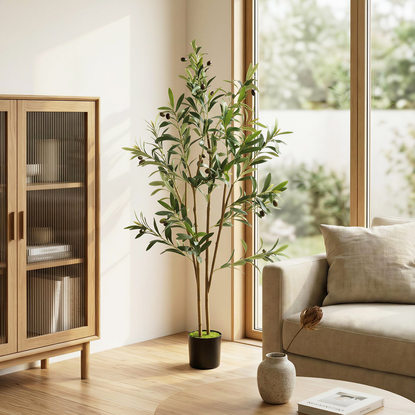 Decorative Artificial Plant, 120 cm Silk Olive Tree with 303 Leaves in Cement Pot, Fake Plant