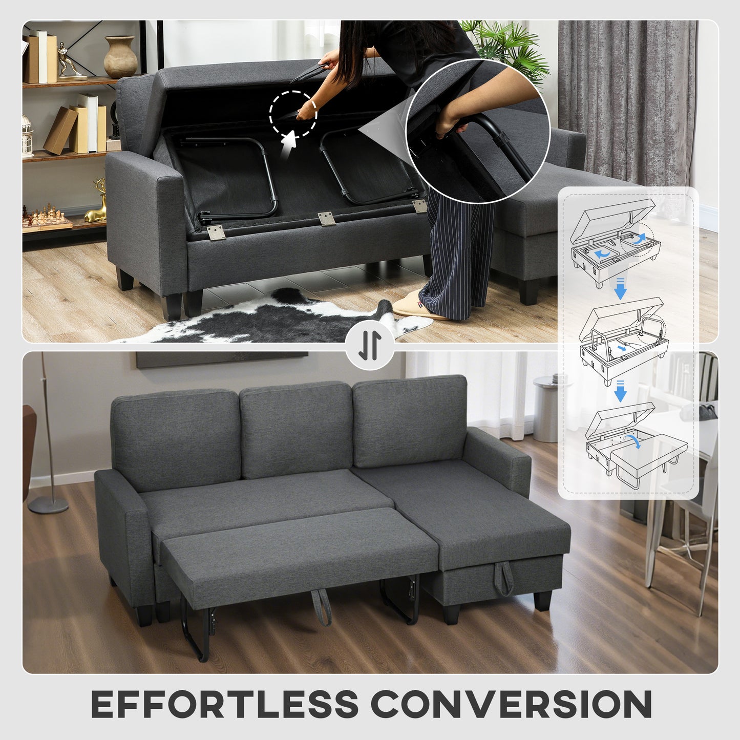 Three-Seater Storage Sofa Bed - Charcoal Grey