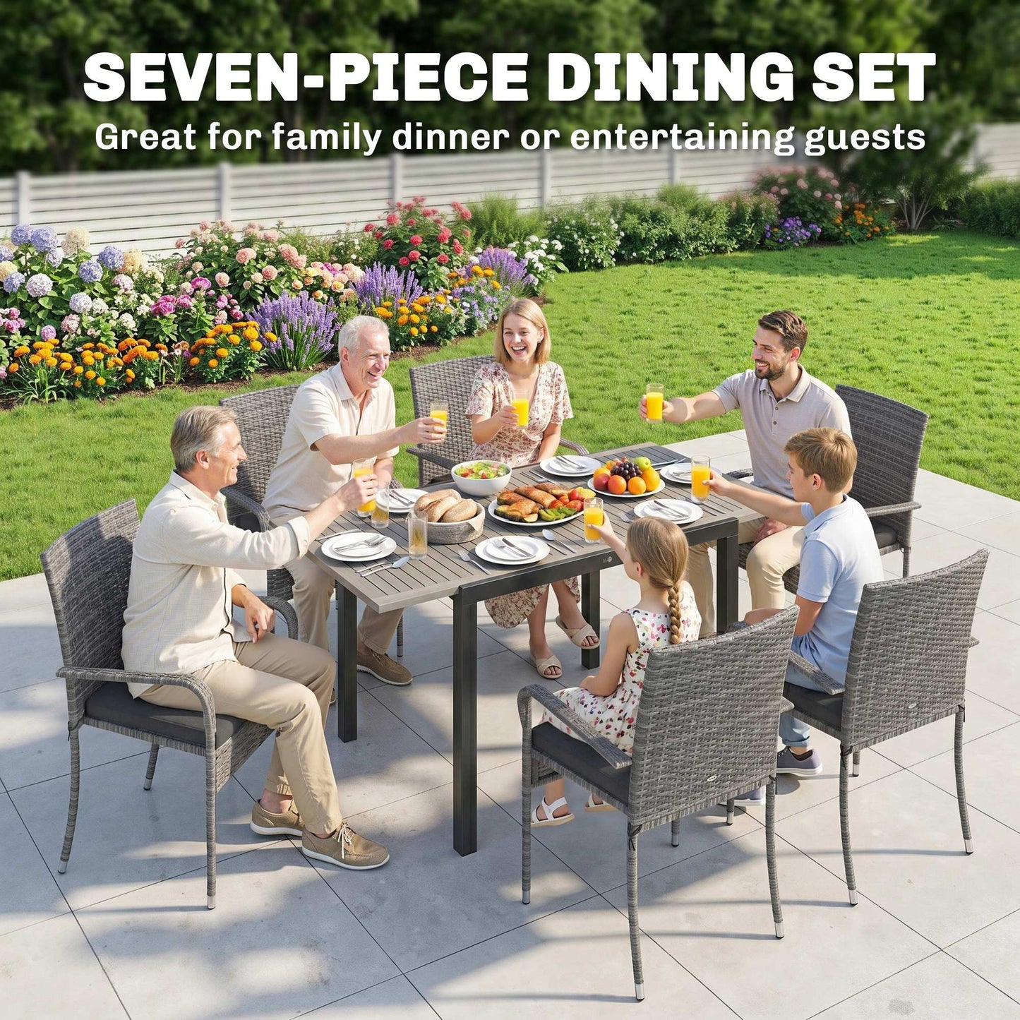 7 Piece Rattan Garden Furniture Set, 6 Seater Garden Table and 6 Stackable Chairs with Extendable Acacia Wood Tabletop