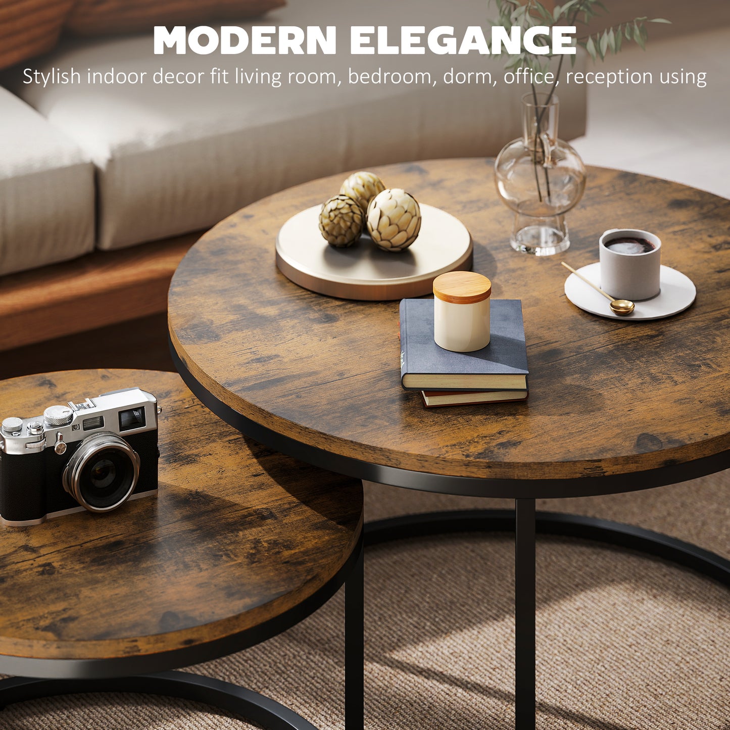 Set of Two Wood-Effect Stacking Tables - Rustic Brown