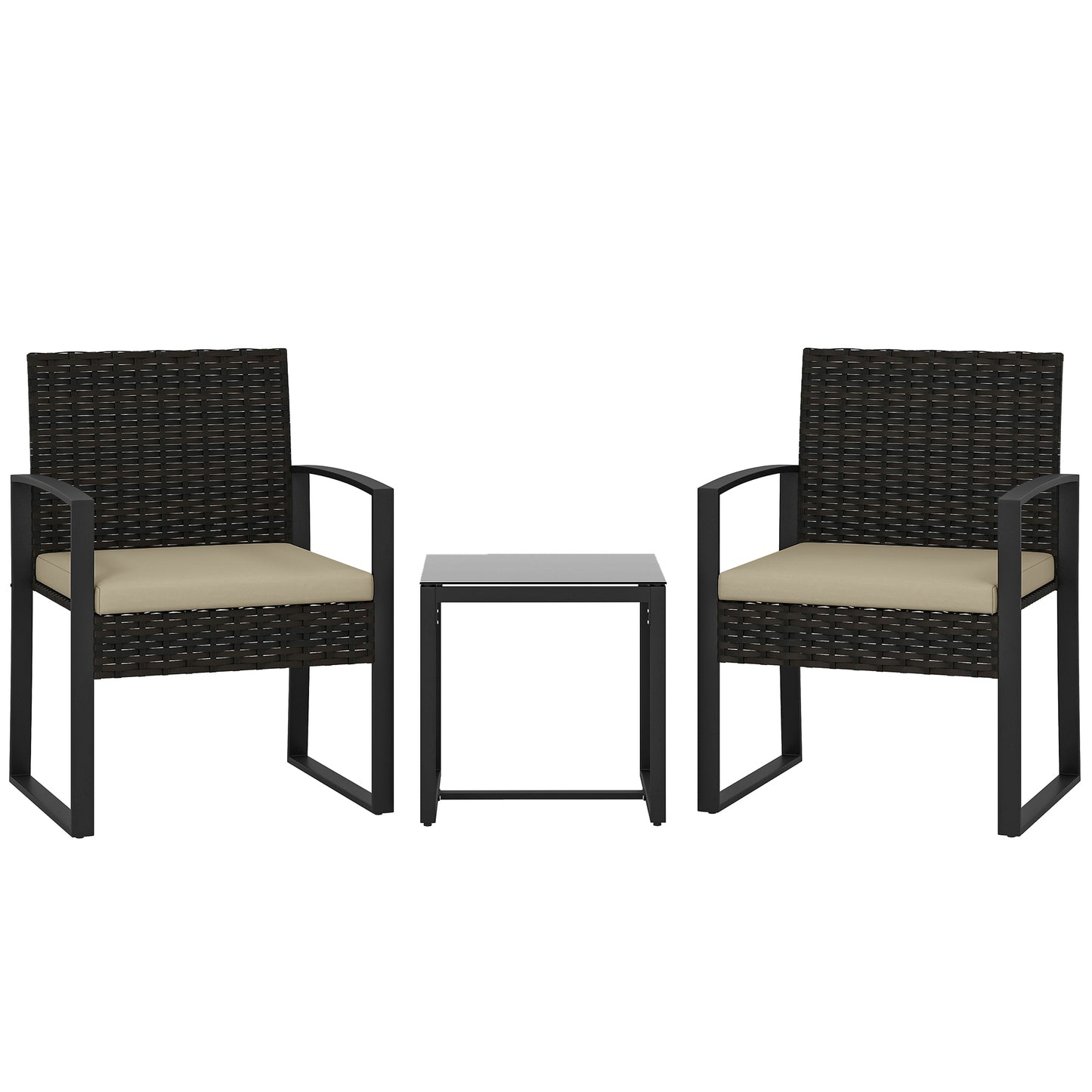 Rattan Bistro Set, 3 Piece Garden Furniture Set with Glass Top Table and Cushions, Khaki