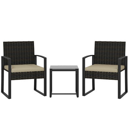 Rattan Bistro Set, 3 Piece Garden Furniture Set with Glass Top Table and Cushions, Khaki