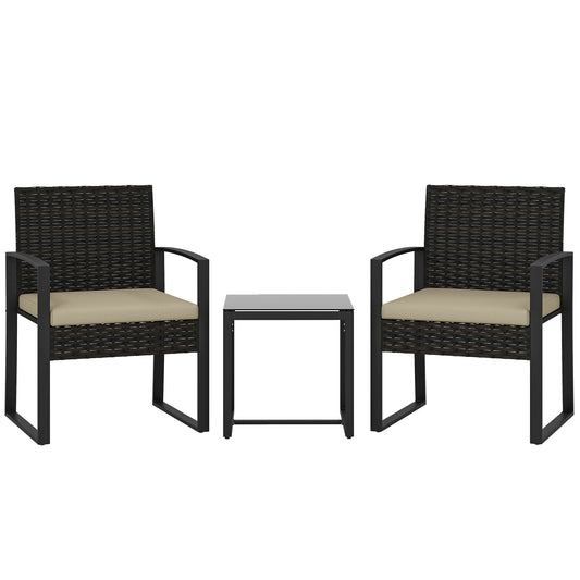 Rattan Bistro Set, 3 Piece Garden Furniture Set with Glass Top Table and Cushions, Khaki