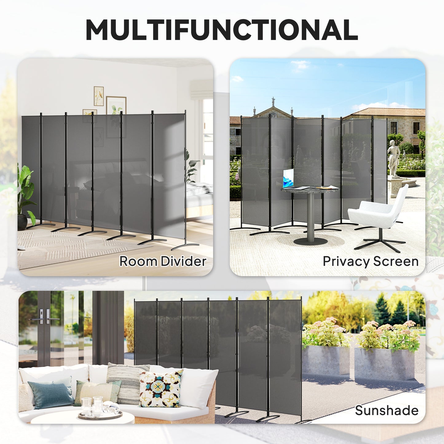 6 Panel Folding Room Divider Foldable Freestanding Garden Privacy Screen, 332 x 172 cm, Dark Grey
