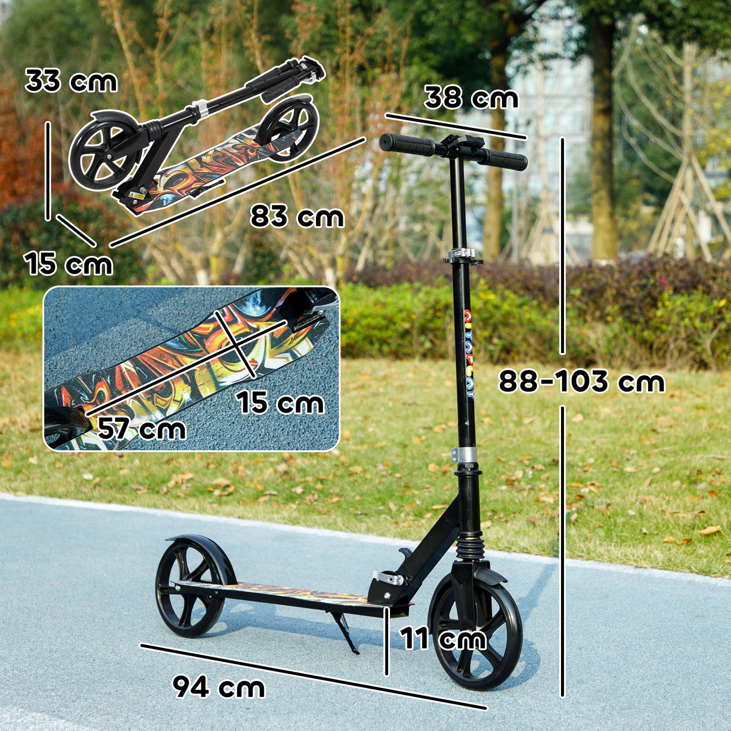 Foldable Kids Scooter with Adjustable Handlebar, 200mm Big Wheel, Rear Fender Brake, for Ages 6-12 Years, Black