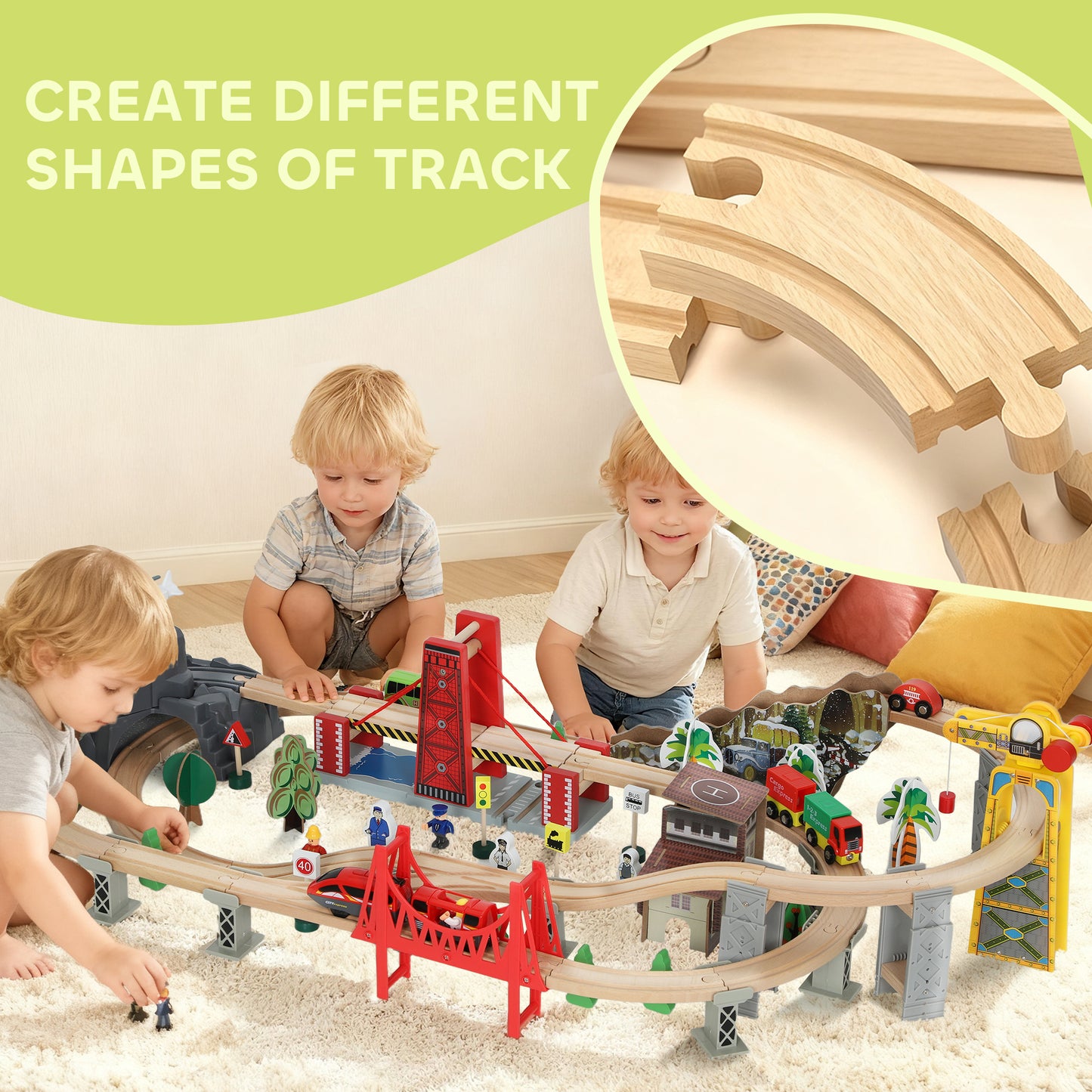 100 Piece Wooden Train Set for Kids 3+ Years with Track, Crane, Battery Operated Train