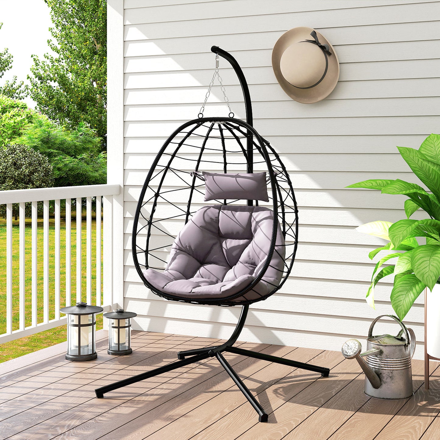 Hanging Egg Chair Outdoor Indoor Garden Swing Chair with Folding Basket, Thickened Cushion, Garden Hanging Chair with Stand