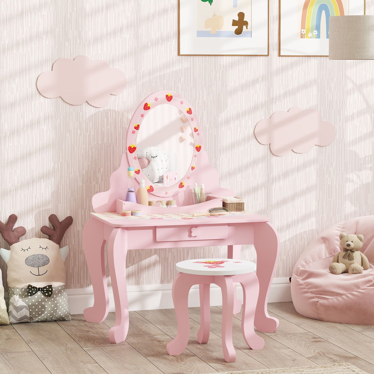 Kids Dressing Table Set, Vanity Table with Stool, Mirror, Drawer, Desktop, Storage, Strawberry-Theme, Pink