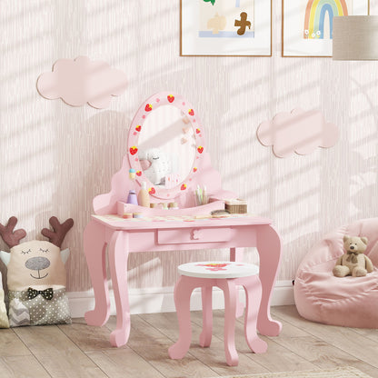 Kids Dressing Table Set, Vanity Table with Stool, Mirror, Drawer, Desktop, Storage, Strawberry-Theme, Pink