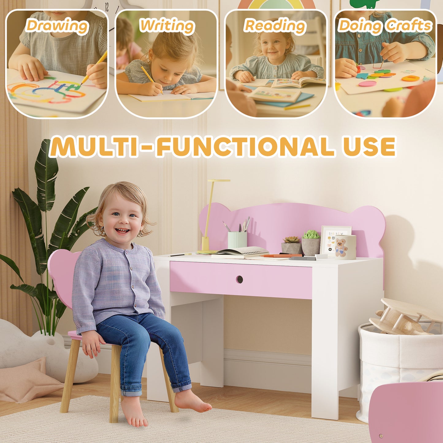 Kids Desk and Chair Set with Drawer for Drawing, Reading, Bear Theme Children Furniture for Bedroom, Daycare, Pink