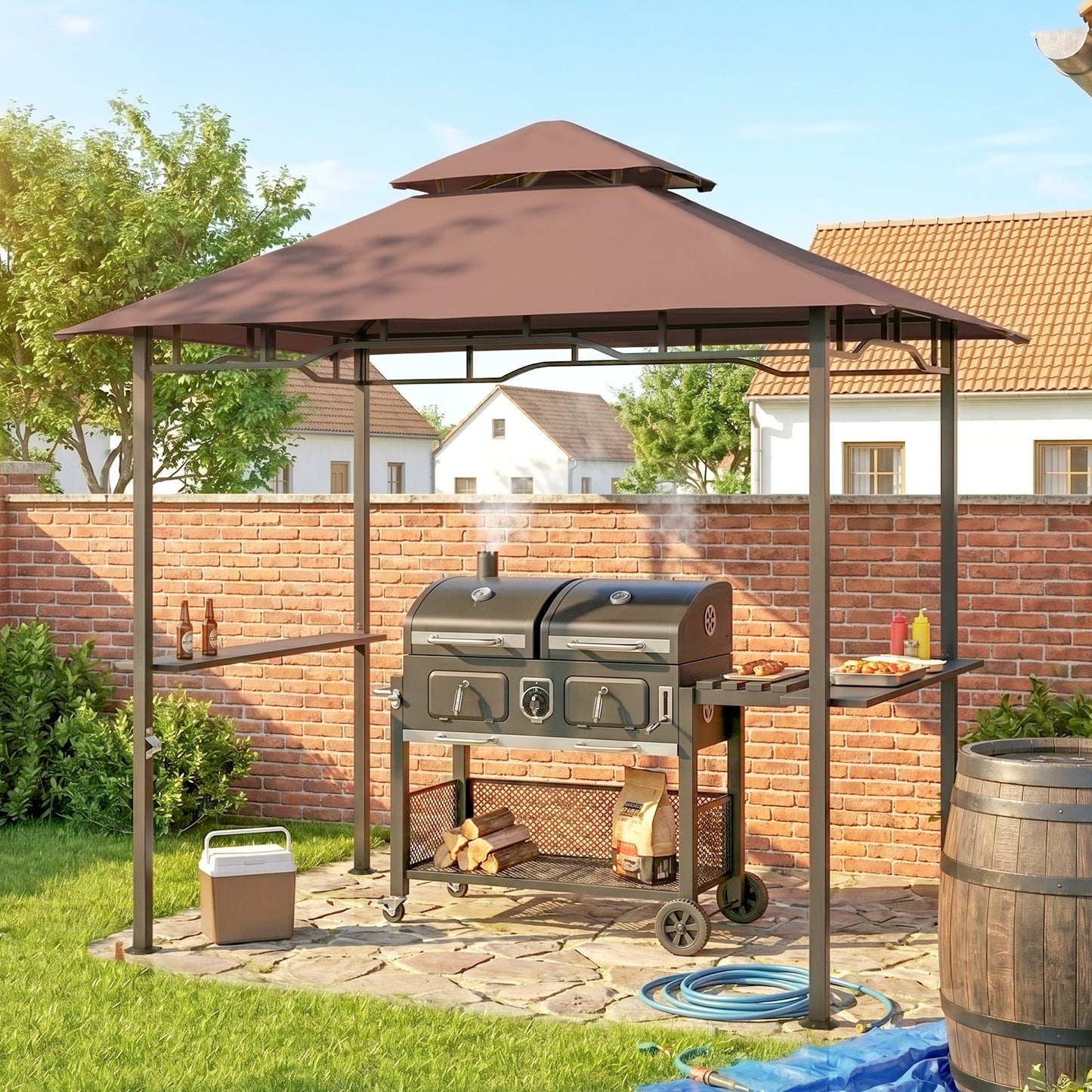 2.5x1.5m (8'x5') Grill Gazebo Canopy, Double Tiered Outdoor BBQ Gazebo Shelter with 2 Side Shelves for Garden, Patio