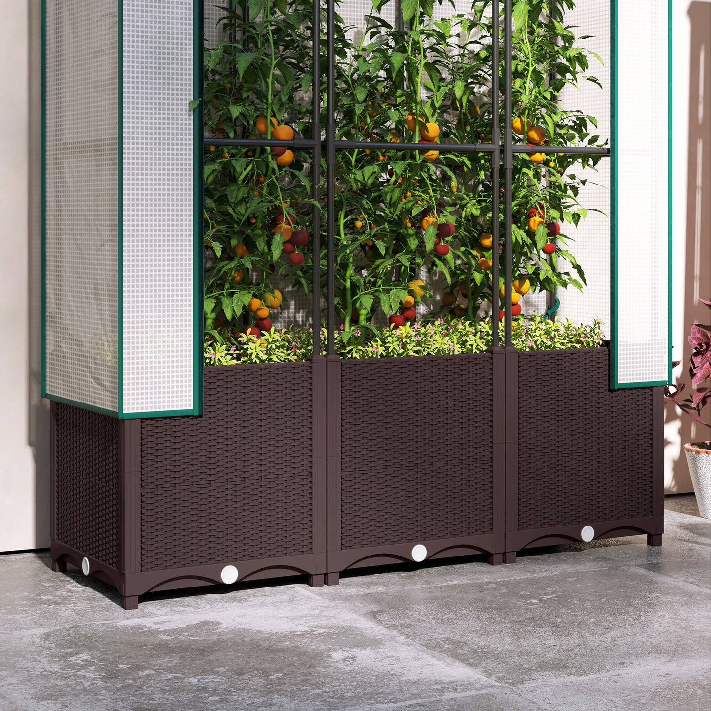Raised Garden Bed with Trellis, Plastic Planter Box with PE Cover, Drainage Holes