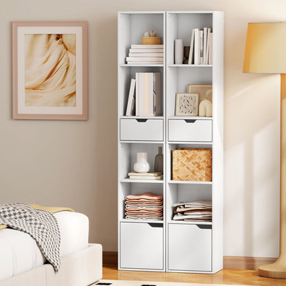 6-Tier Bookcase, Tall Narrow Bookshelf with Drawer and Door - White