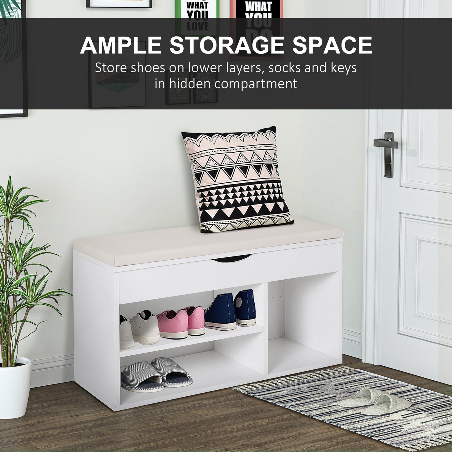Wooden Shoes Cabinet Bench Hidden Storage Padded Seat Organiser Footwear Rack Hallway White 80 x 30 x 47 cm