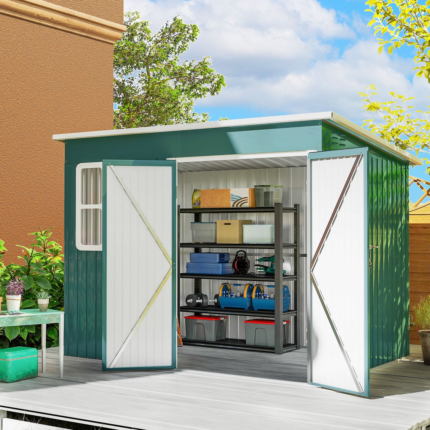 8.5 x 6ft Storage Shed Galvanised Steel Garden Shed, Metal Shed with Foundation Kit, Window