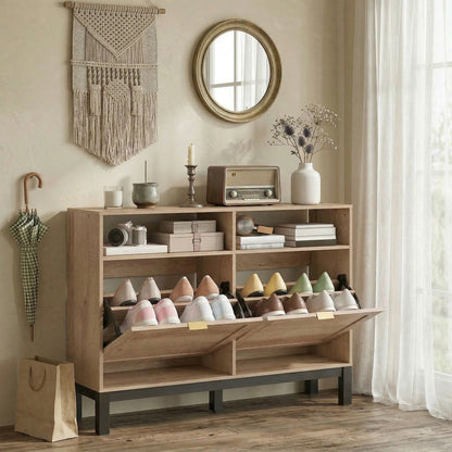 Shoe Cabinet with 2 Flip Drawers, Narrow Shoe Storage Top for Entryway Hallway, Walnut Brown