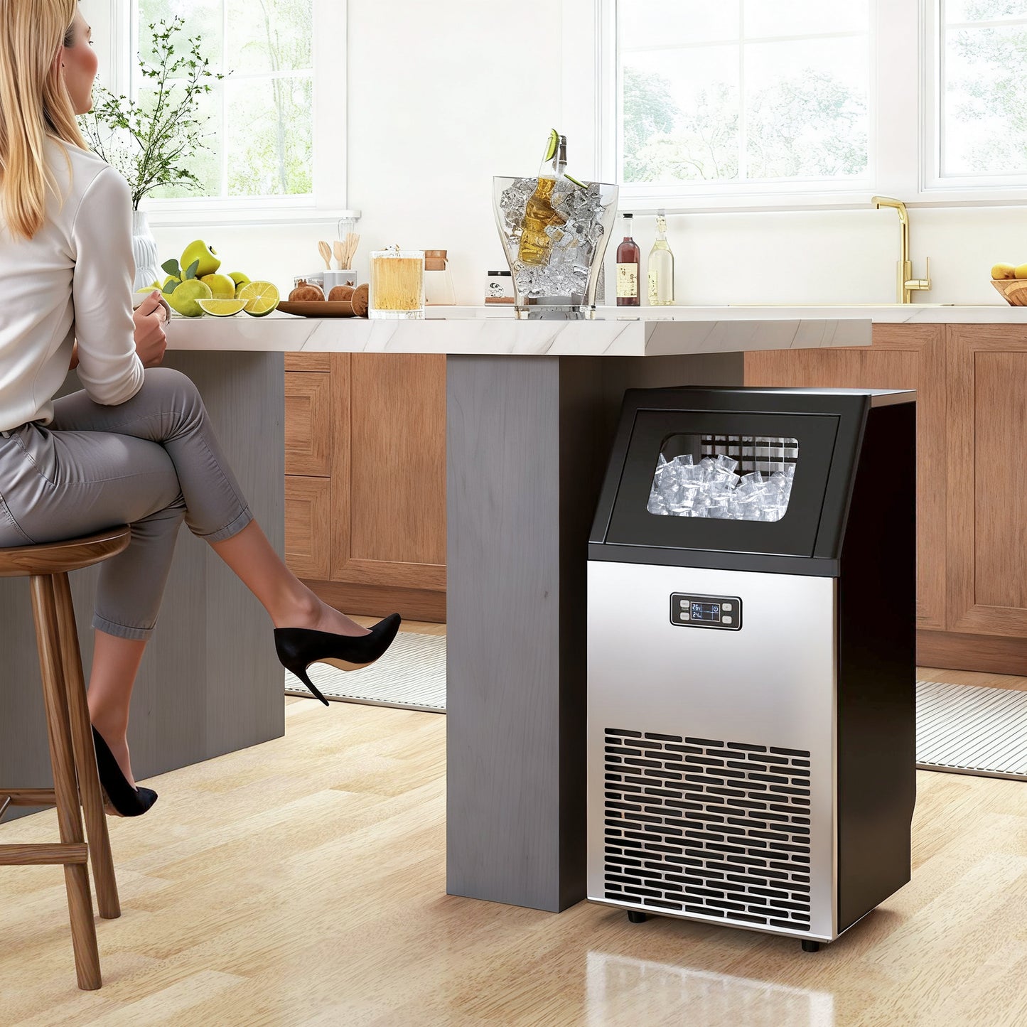 Commercial Ice Maker Machine, Freestanding Stainless Steel Ice Machine with Self-Cleaning, LCD Display