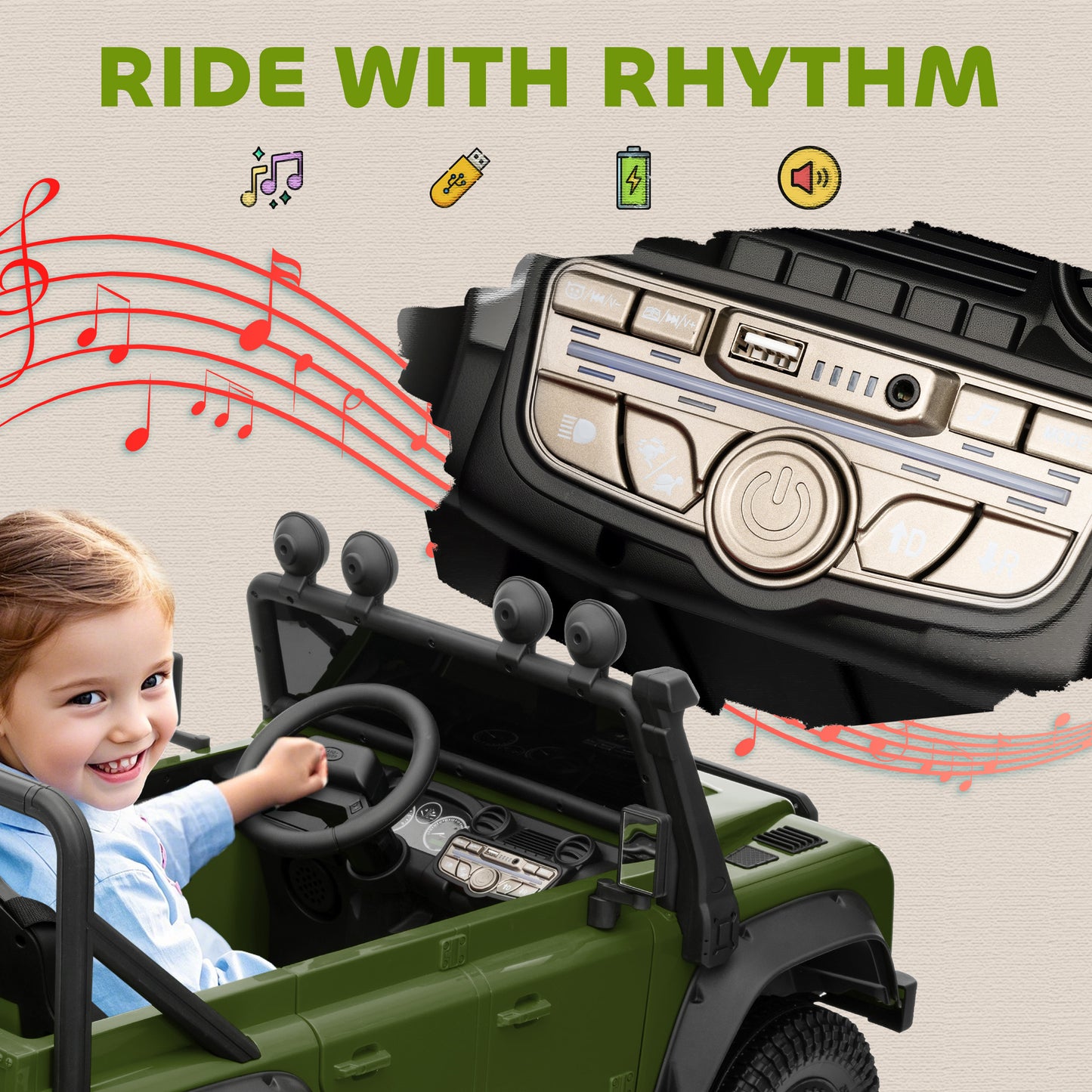 Kids Ride On Car with Remote Control, Music, Horn, 4 Spring Suspension Wheels, LED Lights for 3-5 Years Old, Green