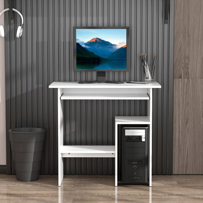 Compact Small Computer Table Wooden Desk Keyboard Tray Storage Shelf Modern Corner Table Home Office White