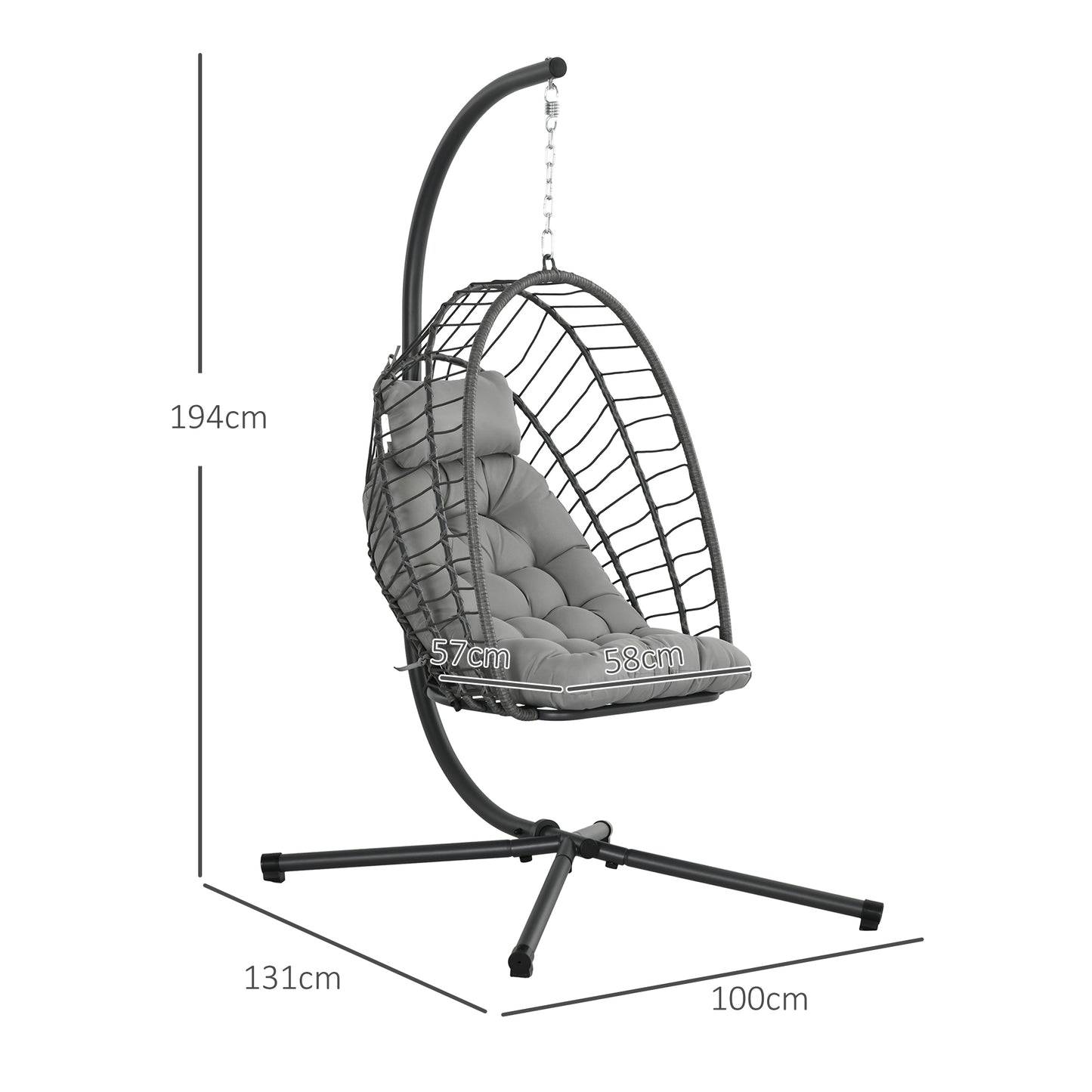Outdoor PE Rattan Swing Chair with Foldable Basket and Cushion, Garden Patio Hanging Egg Chair with Metal Stand