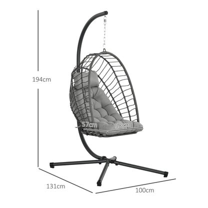 Outdoor PE Rattan Swing Chair with Foldable Basket and Cushion, Garden Patio Hanging Egg Chair with Metal Stand