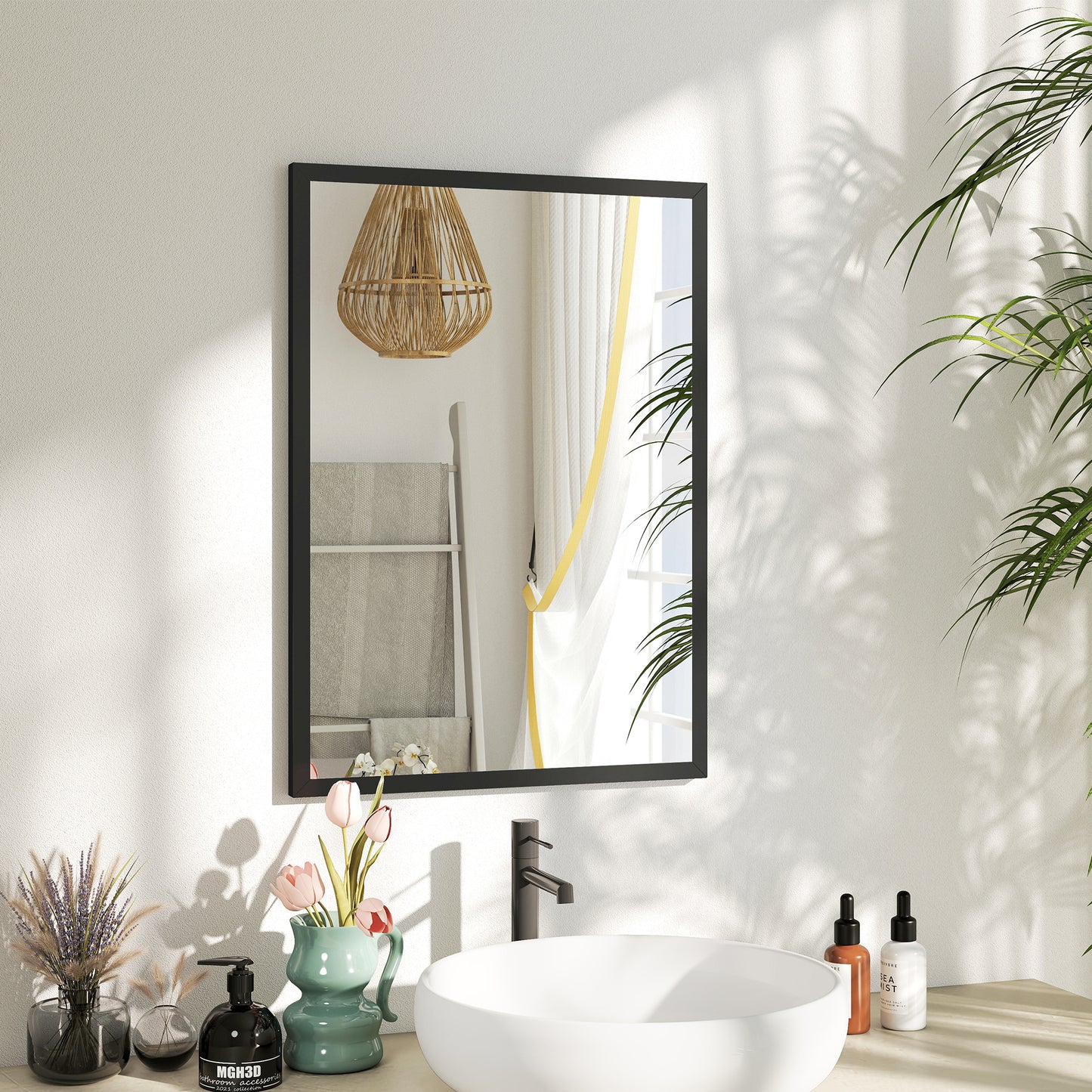 Wall Bathroom Mirror, 70 x 50 cm Wall-Mounted Mirror for Living Room, Bedroom, Hallway, Black