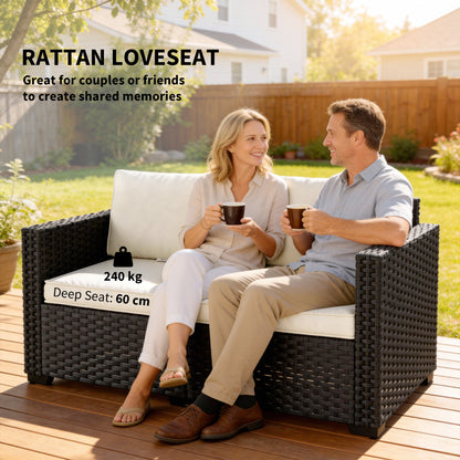2 Seater Rattan Sofa, Outdoor Garden Sofa with Deep Seat, Cushions, Wide Armrests for Patio, Balcony, Porch, Black