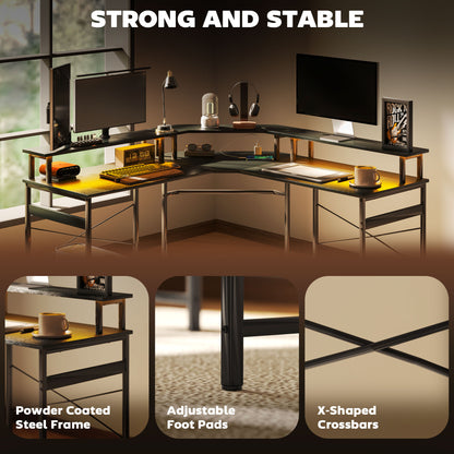 'L' Shaped Work Desk, with LED Lights - Black