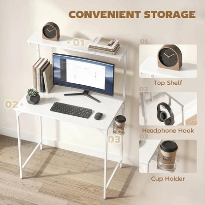 Computer Desk, 80cm Home Office Study Table with Hutch Shelf, Cup Holder, Headphone Hook, White
