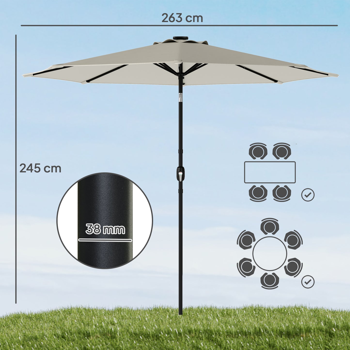 2.6 m Garden Parasol Umbrella with LED Solar Light, Parasol Cover, Outdoor Market Patio Umbrella, Light Grey