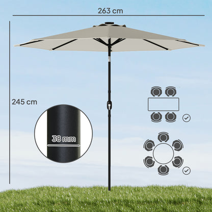 2.6 m Garden Parasol Umbrella with LED Solar Light, Parasol Cover, Outdoor Market Patio Umbrella, Light Grey