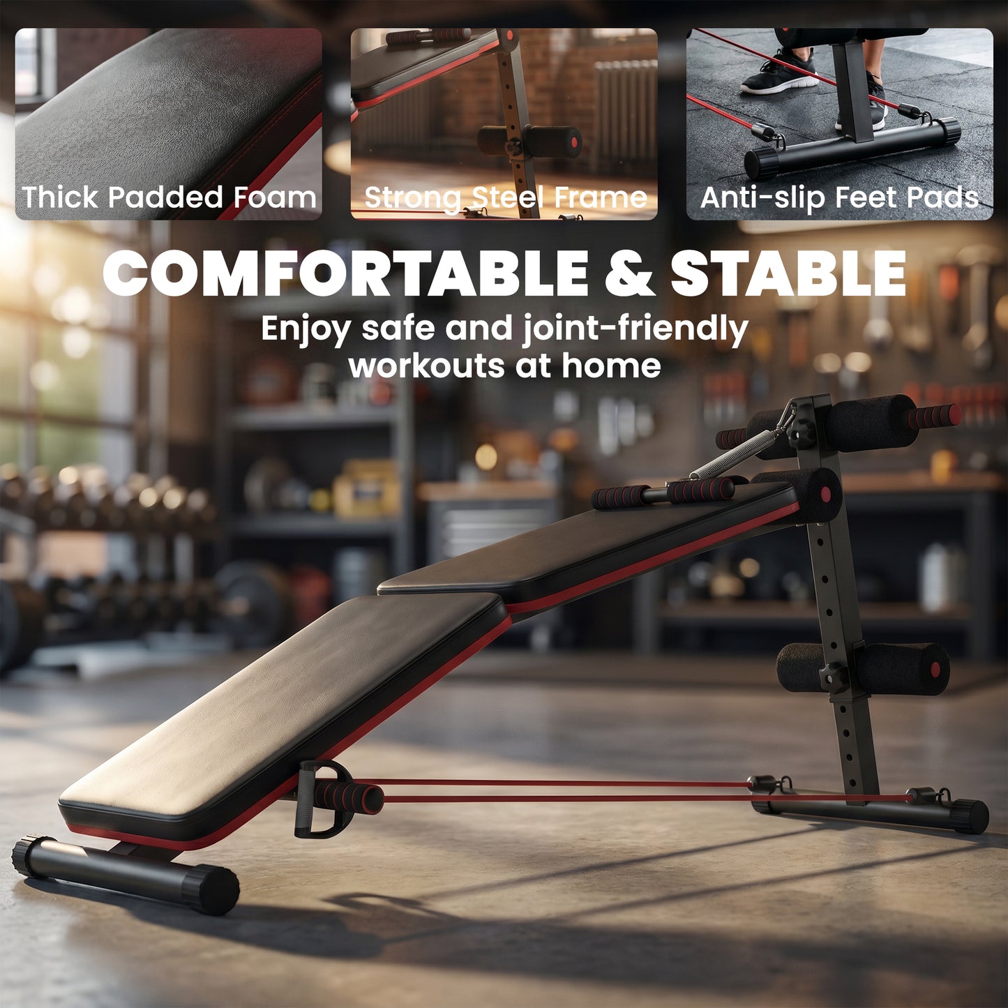 Foldable Sit Up Bench, Adjustable Abdominal Trainer with Resistance Bands