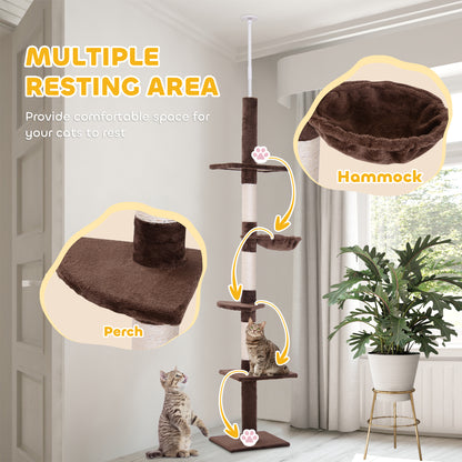 Floor to Ceiling Cat Tree 230-260cm Height Adjustable, 5-Tier Cat Tower with Scratching Posts, Hammock, Perches