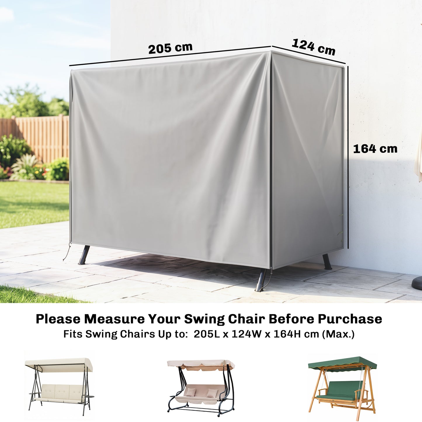 205 x 124cm Three-Seater Swing Chair Protective Cover Grey
