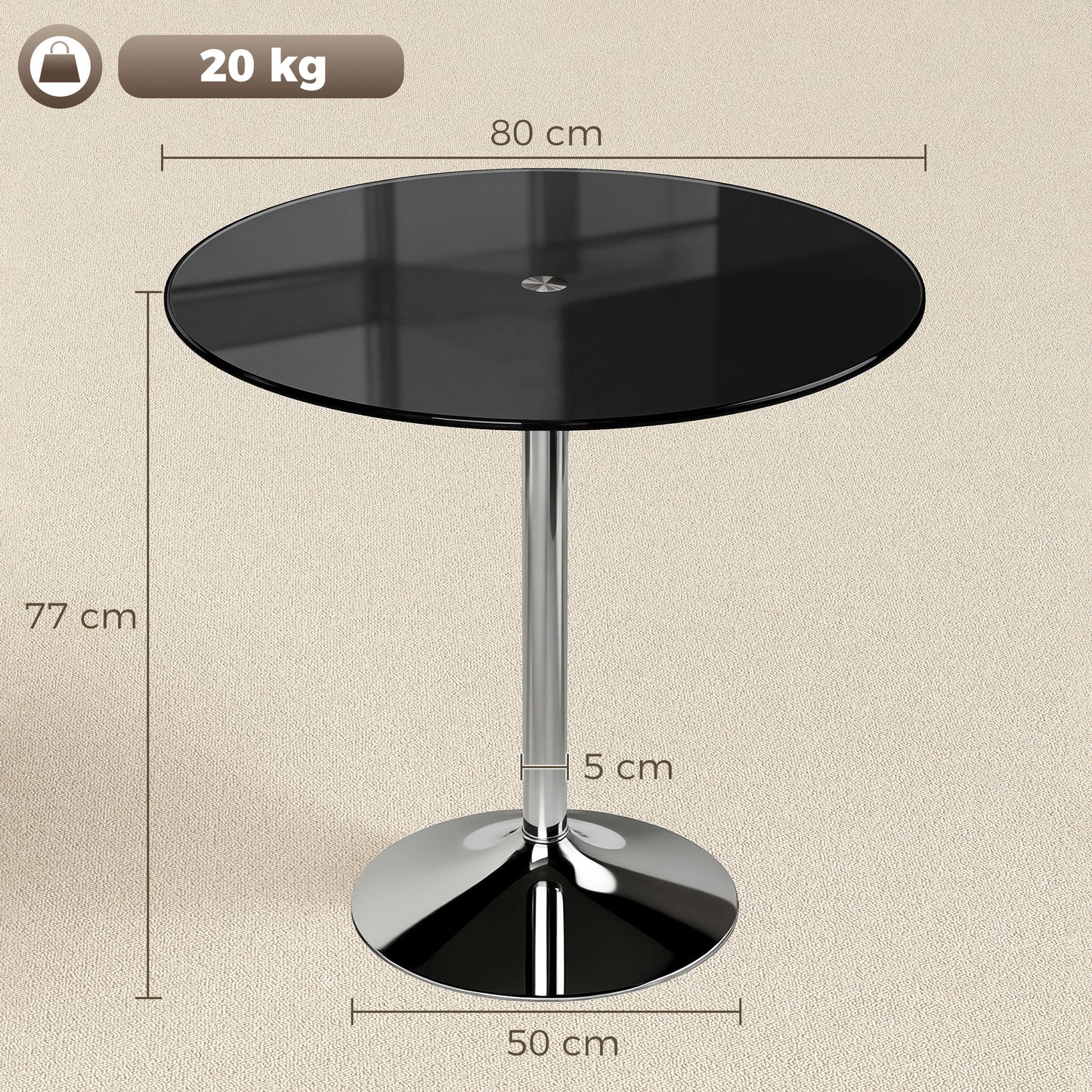 Round Bar Table, Modern Dining Table with Tempered Glass Top and Steel Frame for 4, 80 x 80 x 77cm, Black