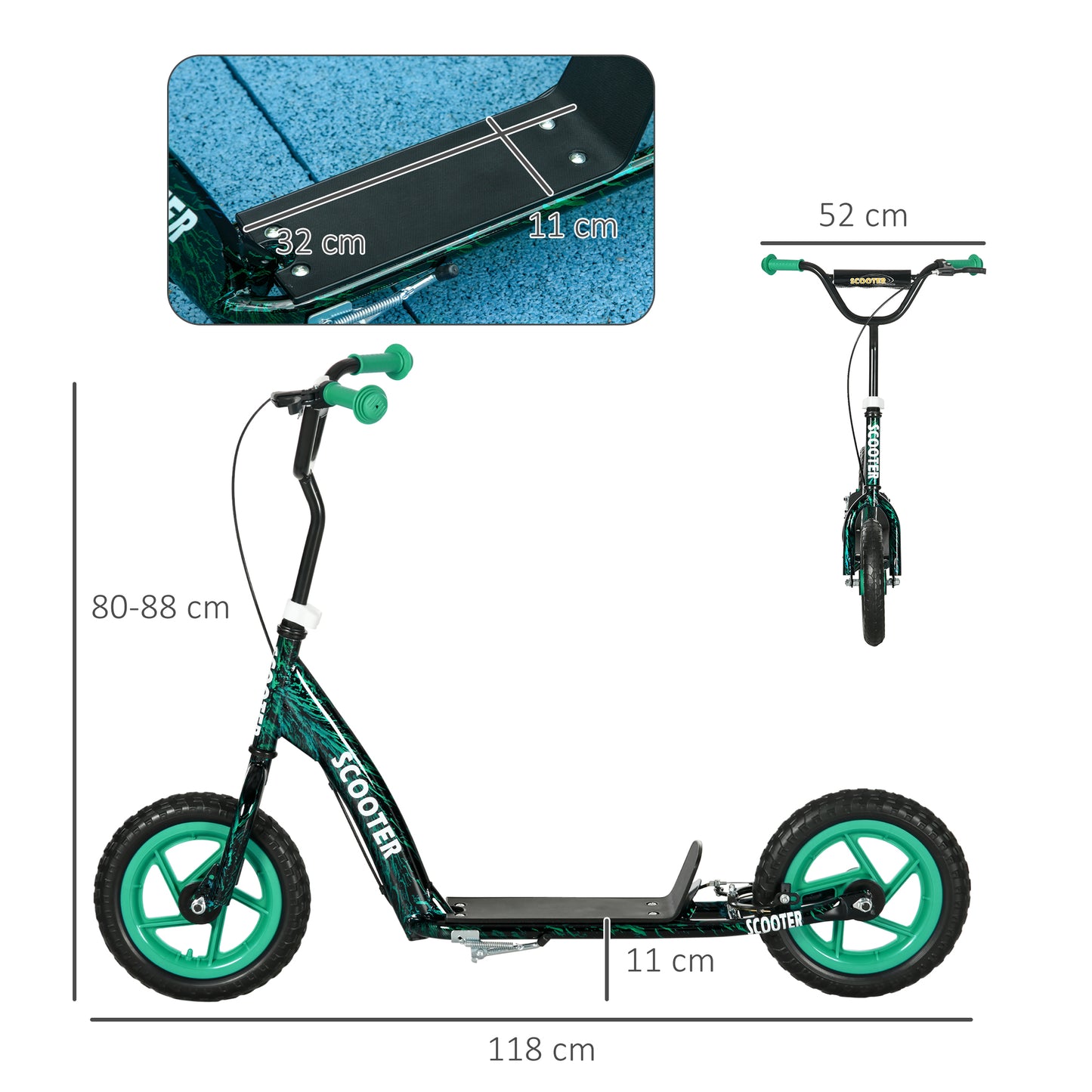 Kids Scooter with Adjustable Handlebar, Children's Kick Scooter with Non-slip Footplate, Rear Brake, Kickstand, Green