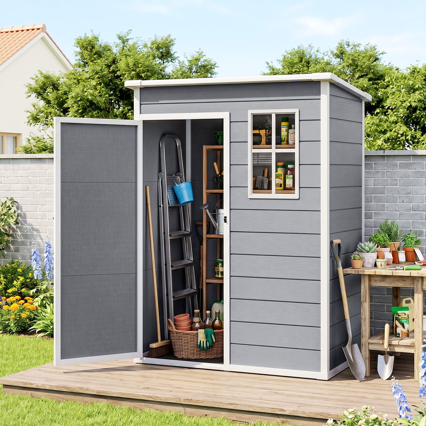 5' x 3' Plastic Garden Shed with Floor, Outdoor Storage Shed with Lockable Door, Window and Vent for Garden, Patio, Grey