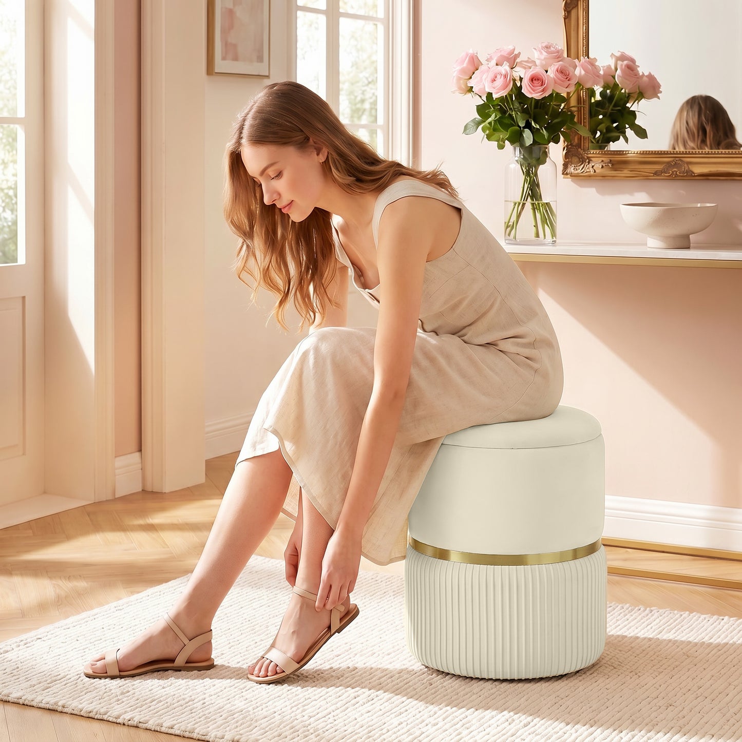 Round Storage Stool, Velvet-feel Fabric Upholstered Vanity Stool with Removable Top, Padded Seat and Hidden Space, Beige