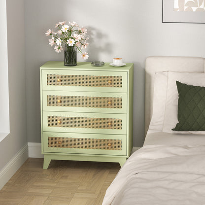 Rattan Chest of Drawers, 4 Drawer Storage Unit with Tapered Legs, Bedroom Storage Organiser Dresser for Bedside, Entryway